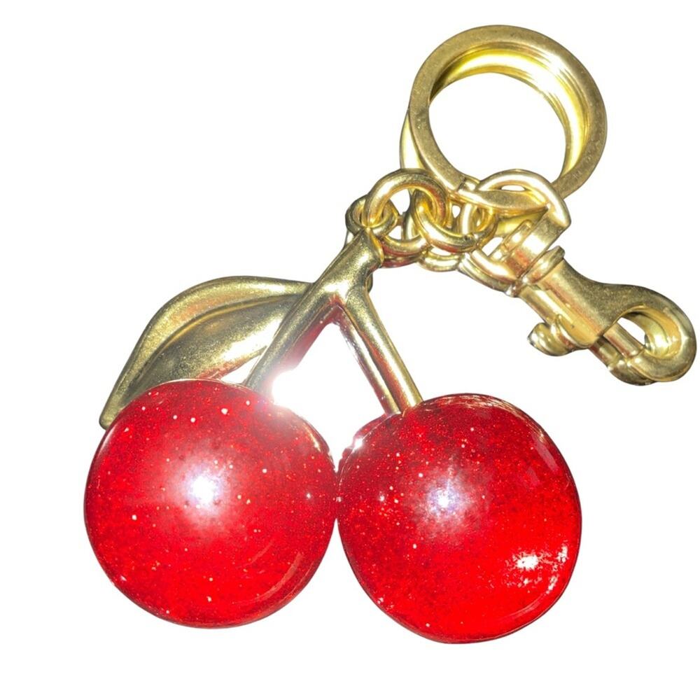 Vintage-Style Red Glitter Cherry Keychain Bag Charm - Gold Hardware
